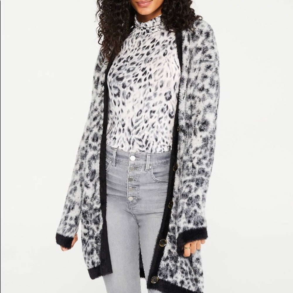 Ann Taylor Snow Leopard Boyfriend Cardigan | Long Open Front Knit Sweater Coat
